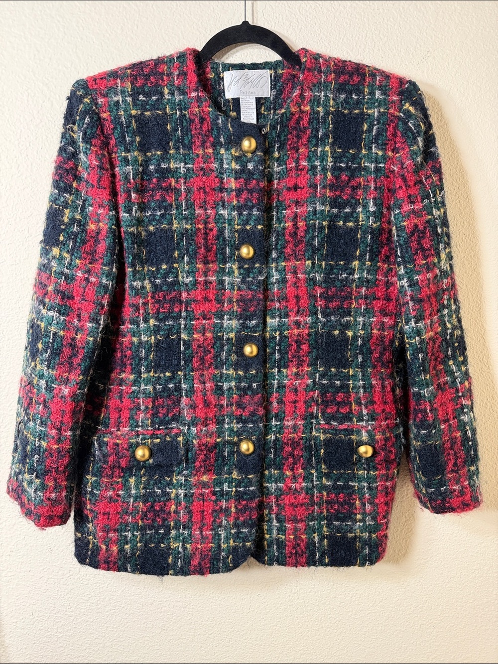 Vtg 90s JB Collectibles Plaid Tweed Blazer Jacket Gold Button Red Dark Academia